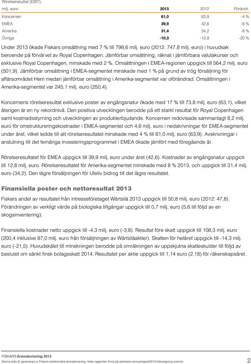 euro) i huvudsak beroende på förvärvet av Royal Copenhagen. Jämförbar omsättning, räknat i jämförbara valutakurser och exklusive Royal Copenhagen, minskade med 2 %.