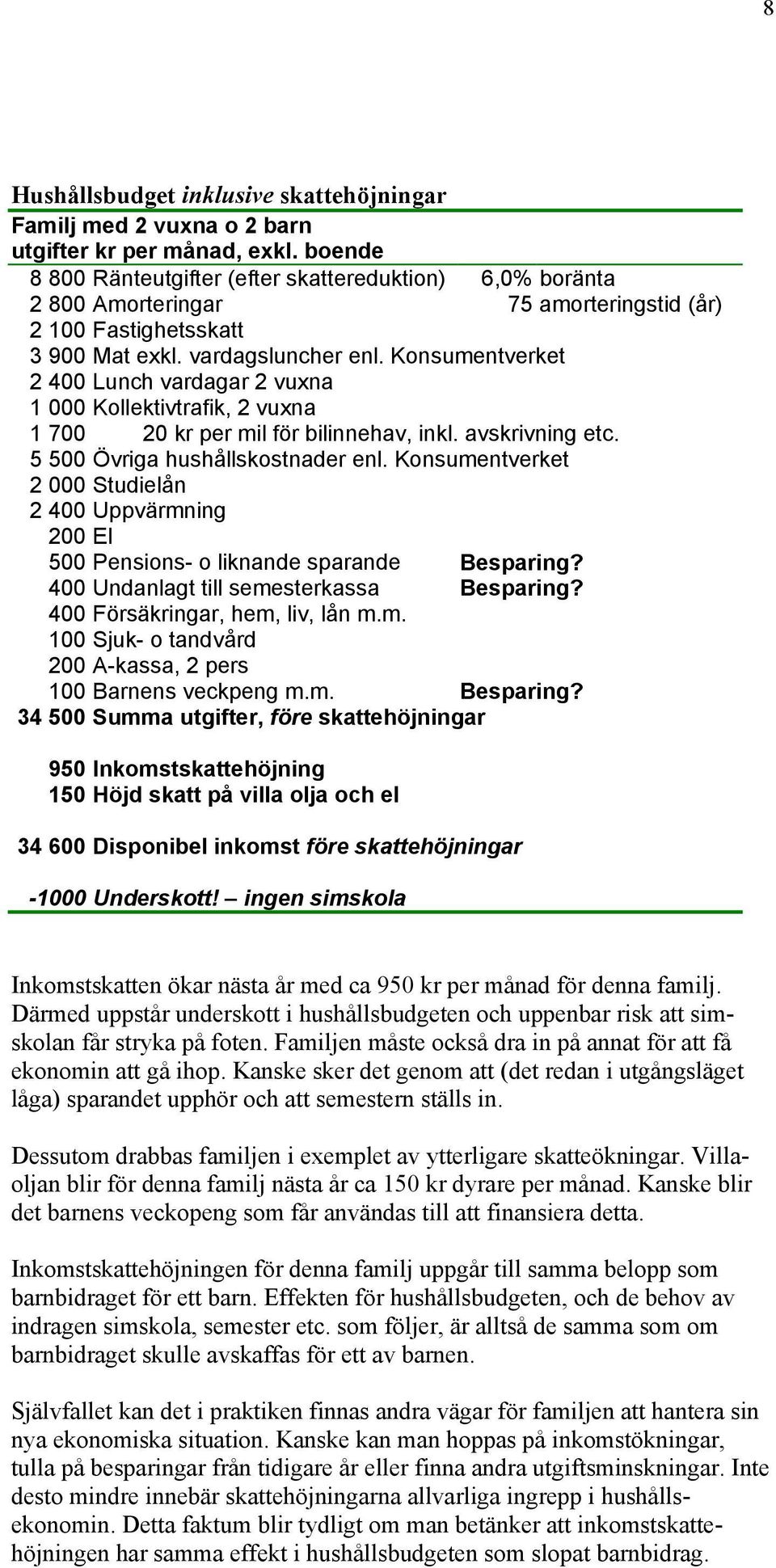 Konsumentverket 2 400 Lunch vardagar 2 vuxna 1 000 Kollektivtrafik, 2 vuxna 1 700 20 kr per mil för bilinnehav, inkl. avskrivning etc. 5 500 Övriga hushållskostnader enl.