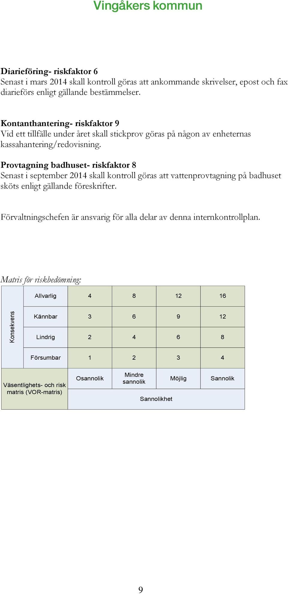 Provtagning badhuset- riskfaktor 8 Senast i september 2014 skall kontroll göras att vattenprovtagning på badhuset sköts enligt gällande föreskrifter.