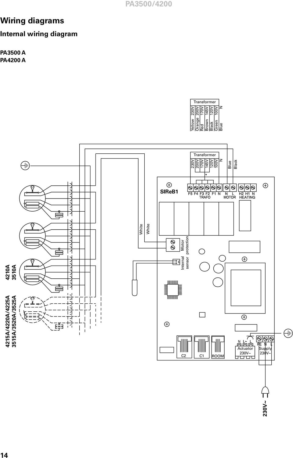 White 230V 200V 170V 145V 120V 100V N C Blue Black C2 C1 ROOM Actuator 230V~ Supply