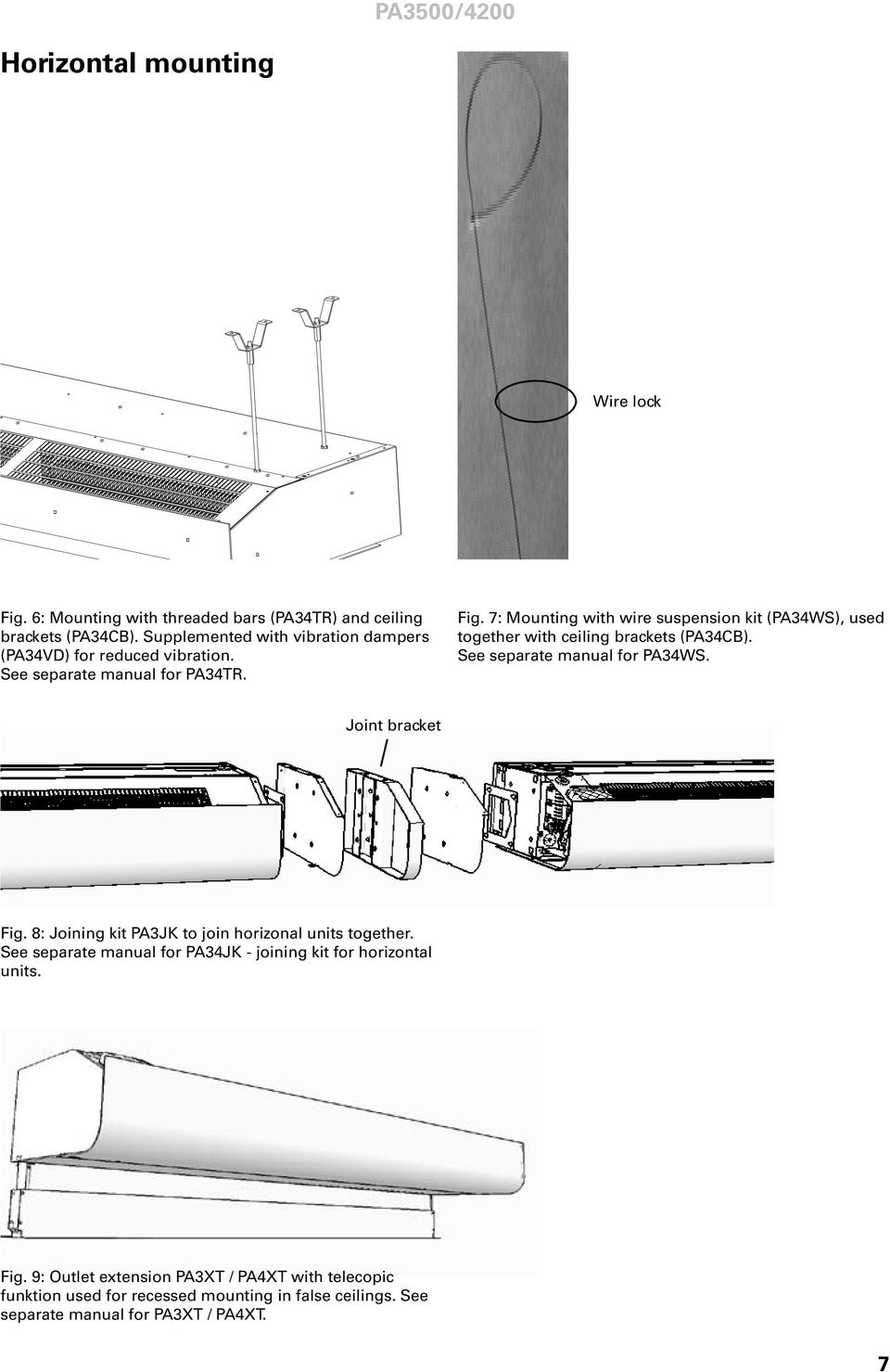 7: Mounting with wire suspension kit (PA34WS), used together with ceiling brackets (PA34CB). See separate manual for PA34WS. Joint bracket Fig.