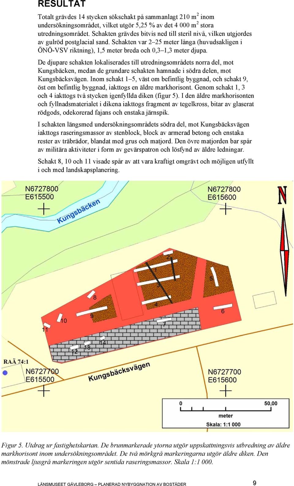 De djupare schakten lokaliserades till utredningsområdets norra del, mot Kungsbäcken, medan de grundare schakten hamnade i södra delen, mot Kungsbäcksvägen.