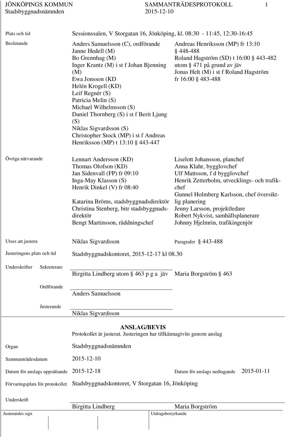 Patricia Melin (S) Michael Wilhelmsson (S) Daniel Thornberg (S) i st f Berit Ljung (S) Niklas Sigvardsson (S) Christopher Stock (MP) i st f Andreas Henriksson (MP) t 13:10 443-447 Andreas Henriksson