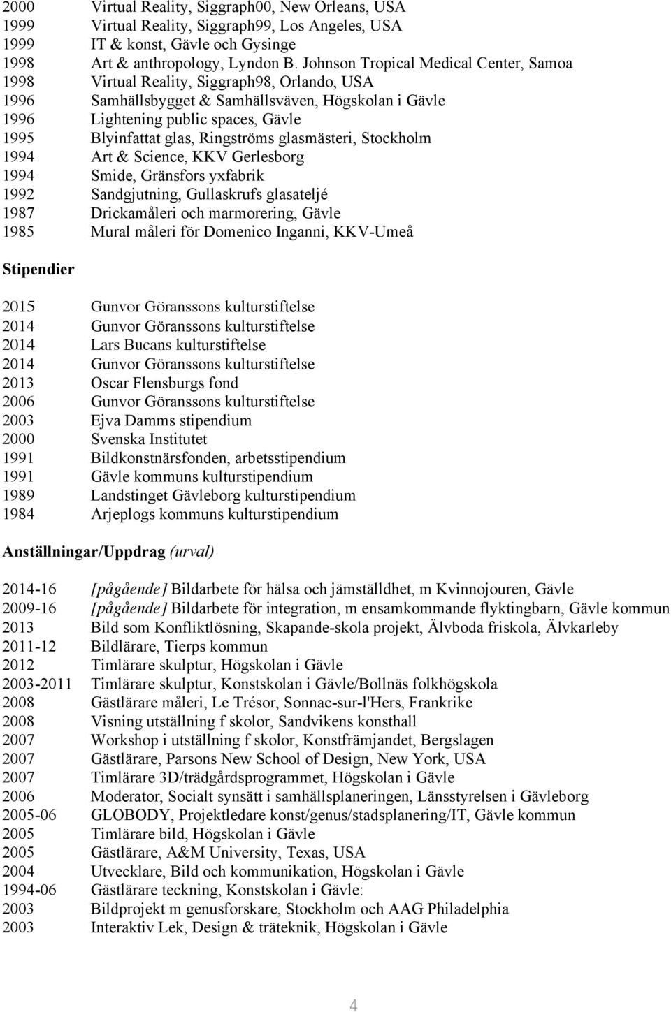 glas, Ringströms glasmästeri, Stockholm 1994 Art & Science, KKV Gerlesborg 1994 Smide, Gränsfors yxfabrik 1992 Sandgjutning, Gullaskrufs glasateljé 1987 Drickamåleri och marmorering, Gävle 1985 Mural