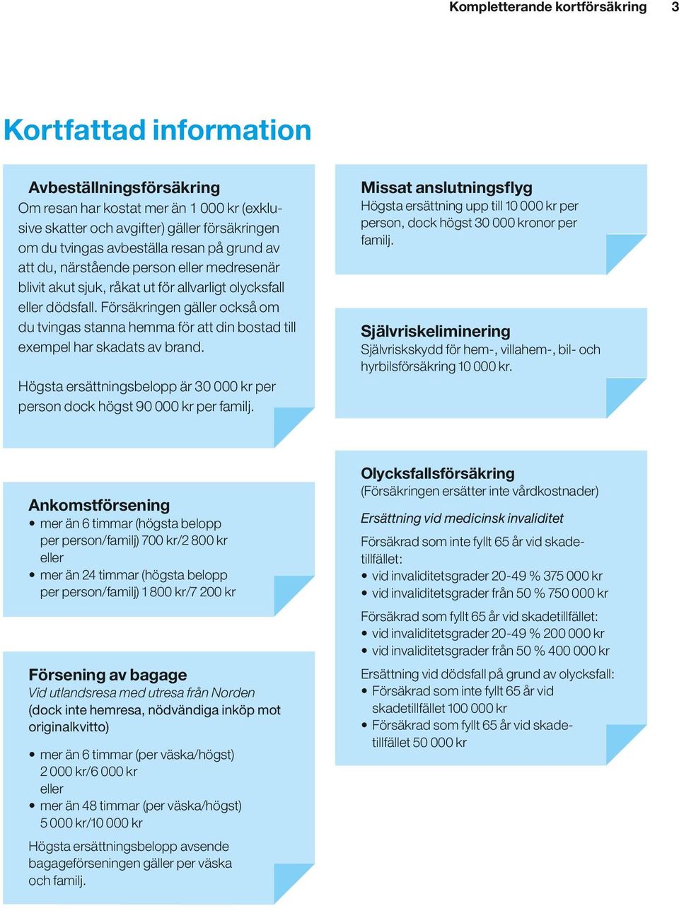 Försäkringen gäller också om du tvingas stanna hemma för att din bostad till exempel har skadats av brand. Högsta ersättningsbelopp är 30 000 kr per person dock högst 90 000 kr per familj.