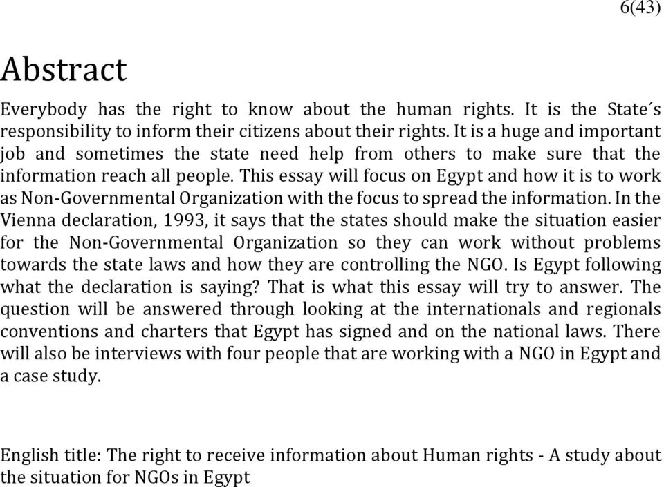 This essay will focus on Egypt and how it is to work as Non-Governmental Organization with the focus to spread the information.