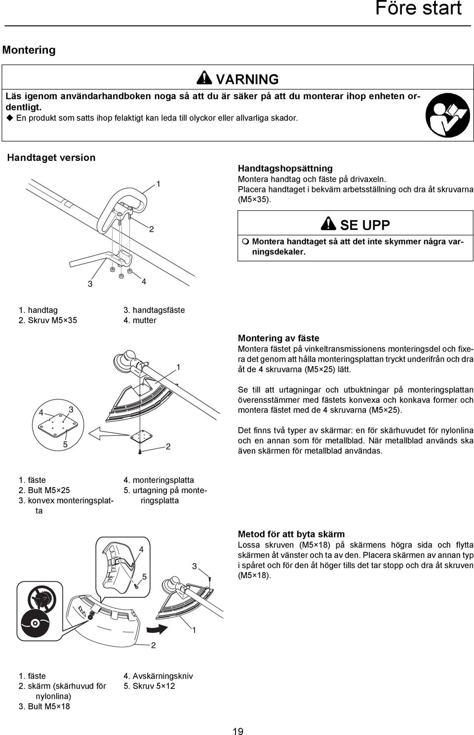 Placera handtaget i bekväm arbetsställning och dra åt skruvarna (M5 35). SE UPP Montera handtaget så att det inte skymmer några varningsdekaler. 1. handtag 2. Skruv M5 35 3. handtagsfäste 4.