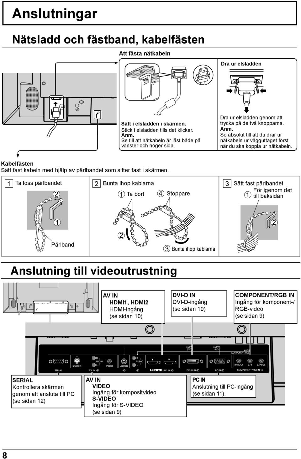 Se absolut till att du drar ur nätkabeln ur vägguttaget först när du ska koppla ur nätkabeln. Kabelfästen Sätt fast kabeln med hjälp av pärlbandet som sitter fast i skärmen.
