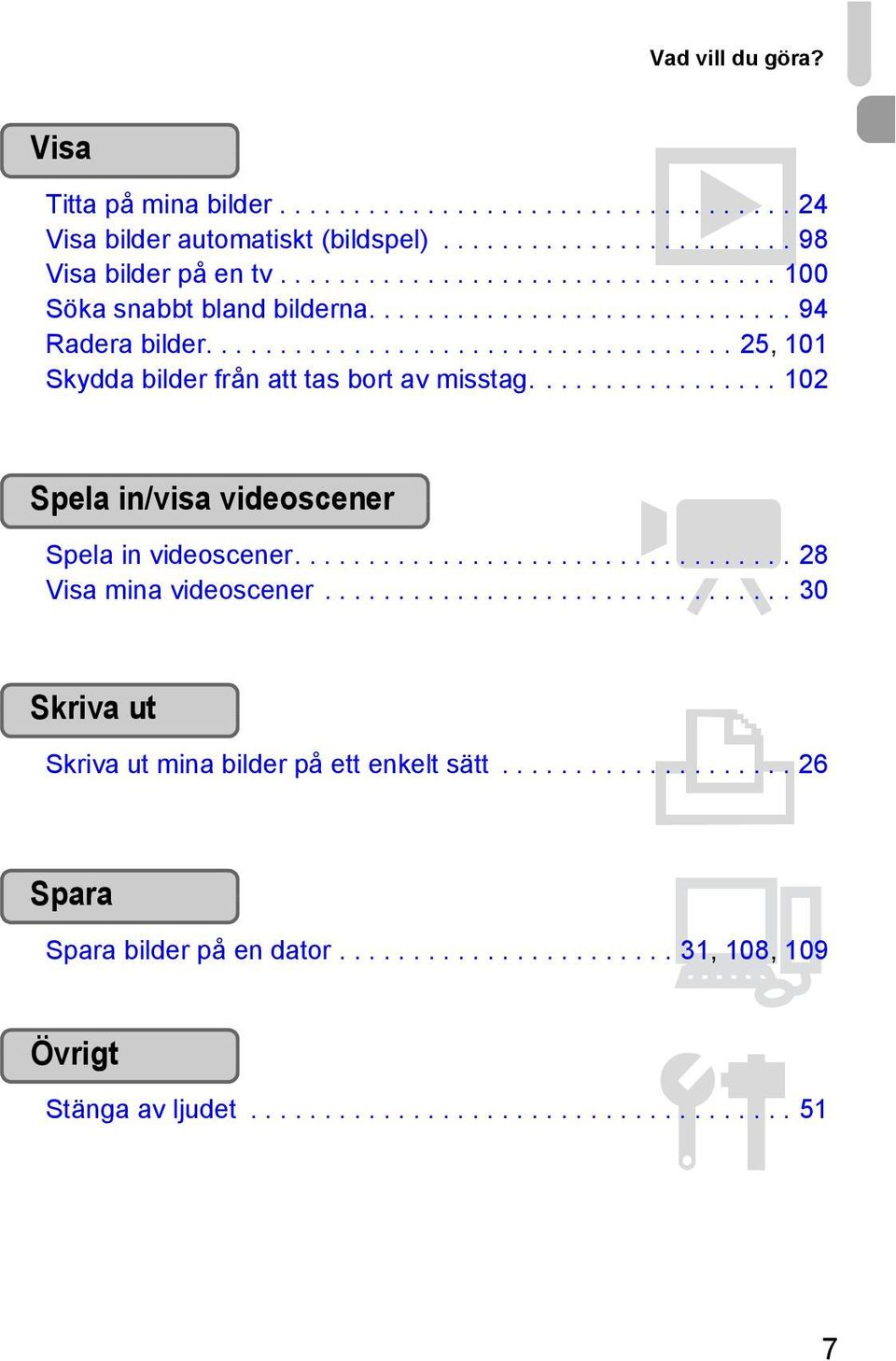 ................ 102 Spela in/visa videoscener E Spela in videoscener.................................. 28 Visa mina videoscener.