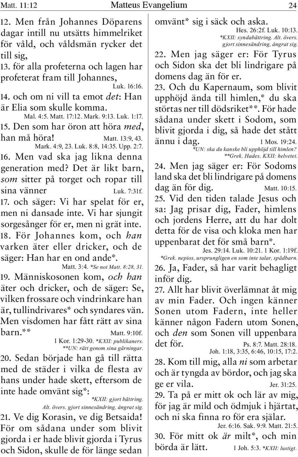 Den som har öron att höra med, han må höra! Matt. 13:9, 43. Mark. 4:9, 23. Luk. 8:8, 14:35. Upp. 2:7. 16. Men vad ska jag likna denna generation med?