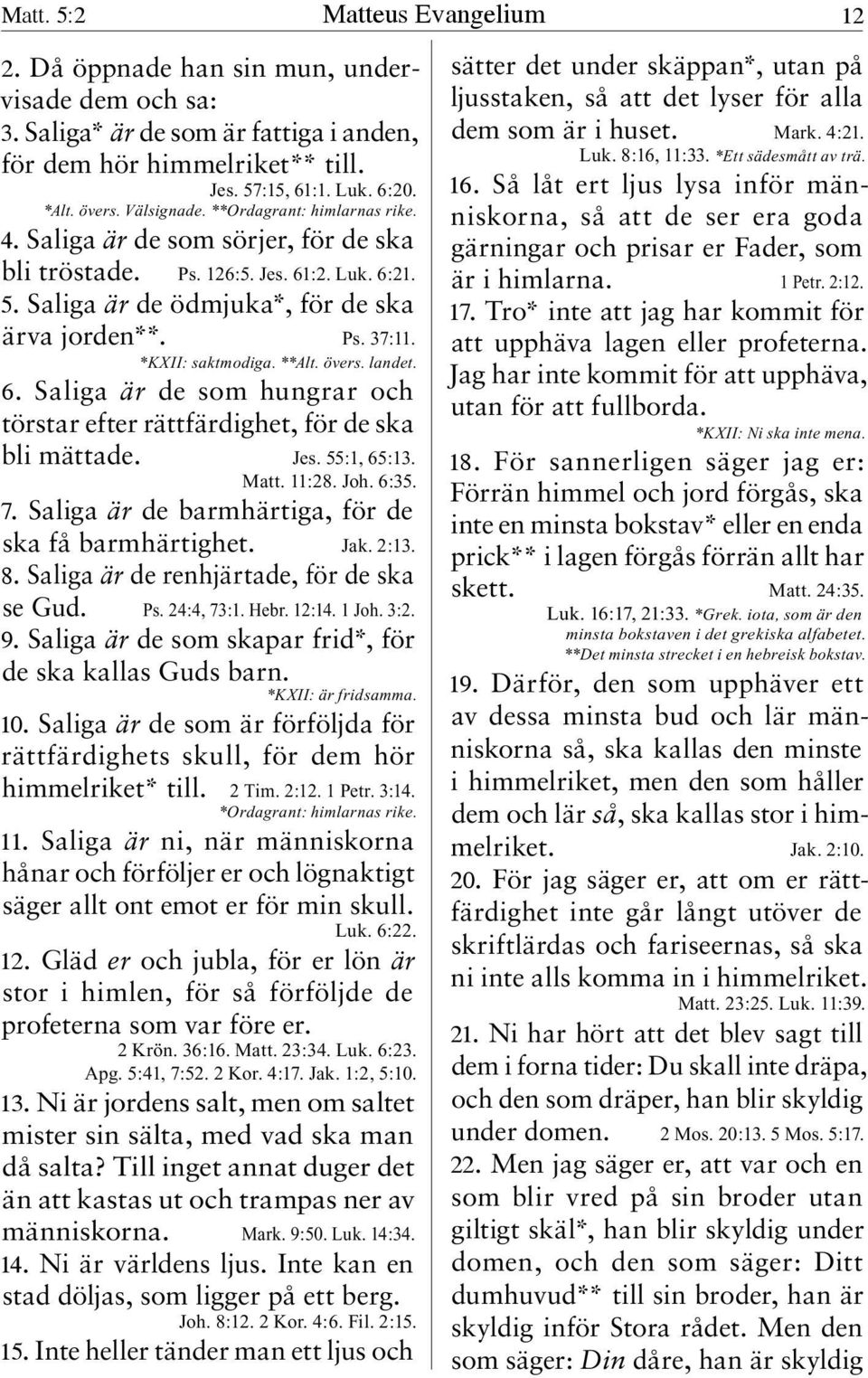 **Alt. övers. landet. 6. Saliga är de som hungrar och törstar efter rättfärdighet, för de ska bli mättade. Jes. 55:1, 65:13. Matt. 11:28. Joh. 6:35. 7.