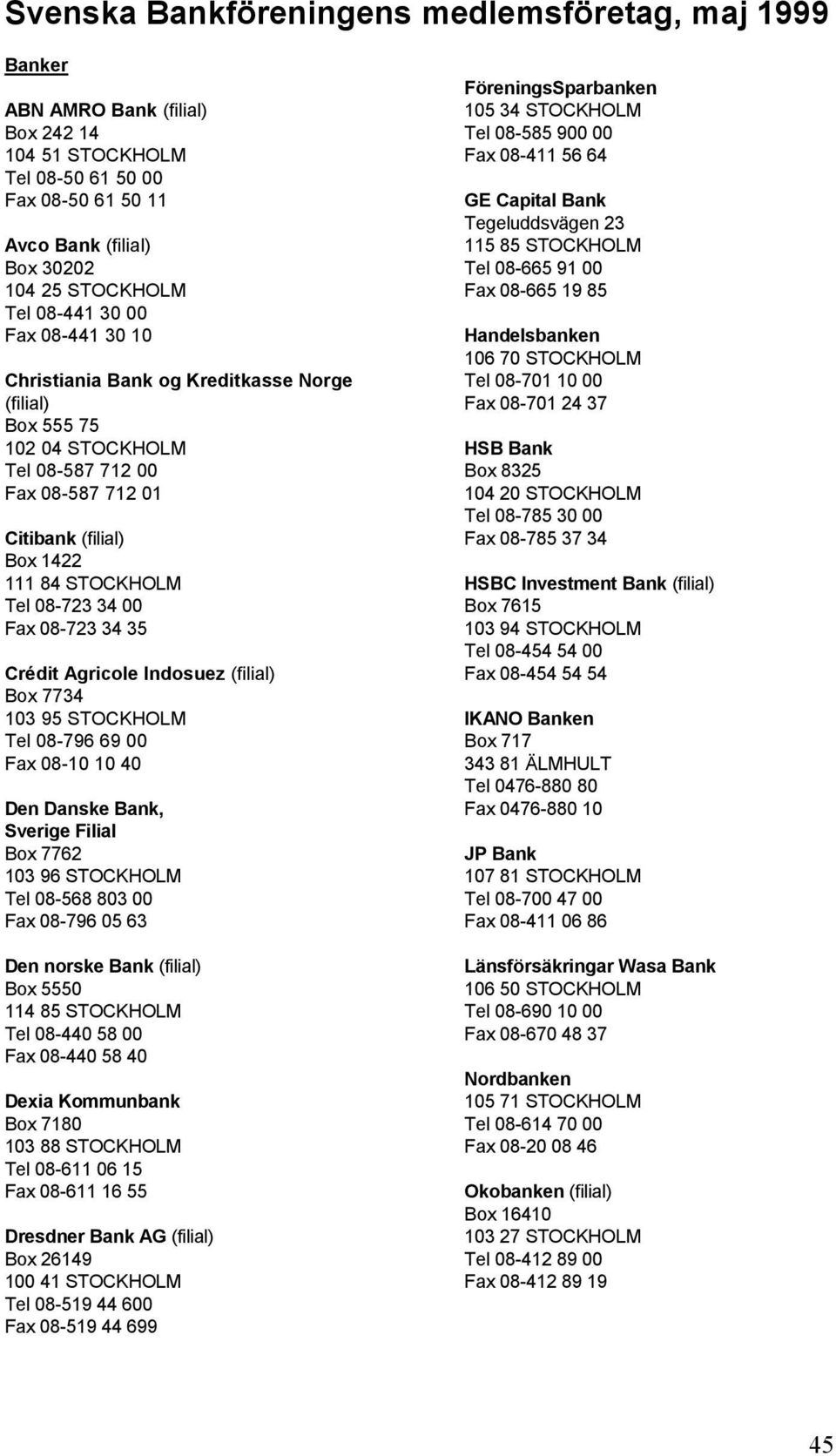 00 Fax 08-723 34 35 Crédit Agricole Indosuez (filial) Box 7734 103 95 STOCKHOLM Tel 08-796 69 00 Fax 08-10 10 40 Den Danske Bank, Sverige Filial Box 7762 103 96 STOCKHOLM Tel 08-568 803 00 Fax 08-796