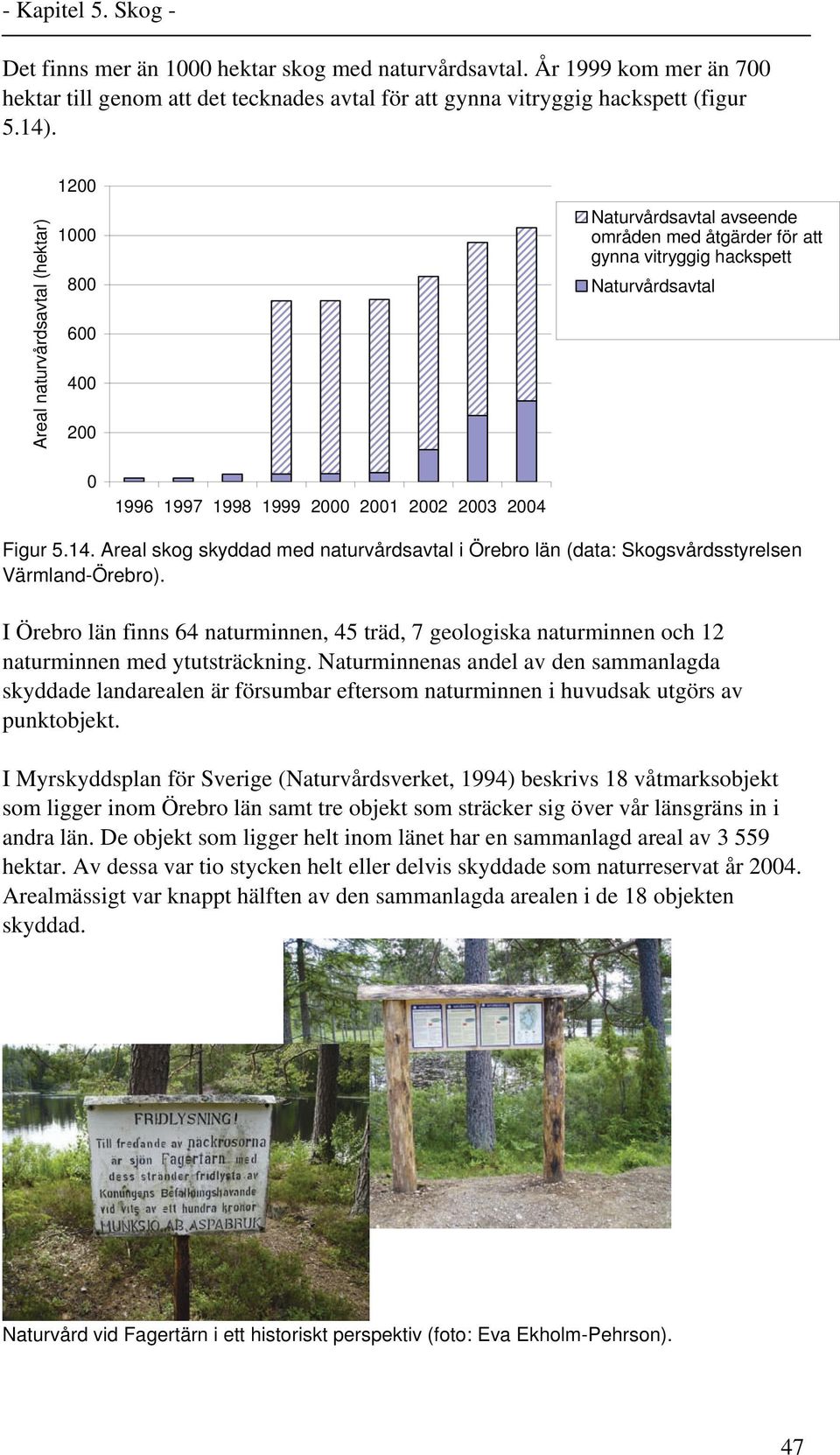 Figur 5.14. Areal skog skyddad med naturvårdsavtal i Örebro län (data: Skogsvårdsstyrelsen Värmland-Örebro).