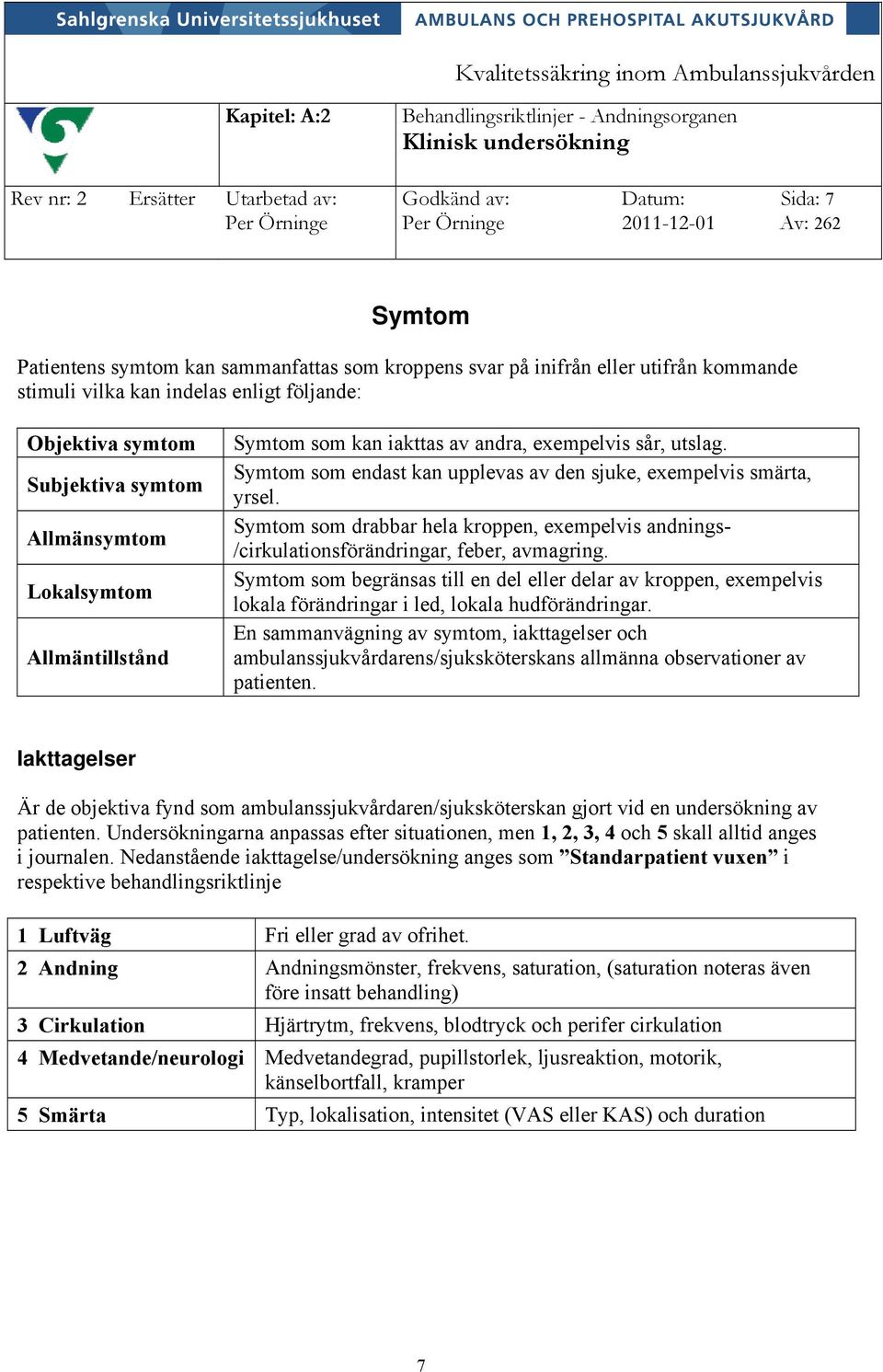 iakttas av andra, exempelvis sår, utslag. Symtom som endast kan upplevas av den sjuke, exempelvis smärta, yrsel.