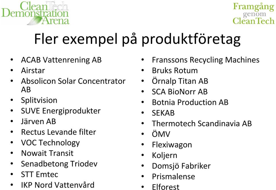 STT Emtec IKP Nord Vattenvård Franssons Recycling Machines Bruks Rotum Örnalp Titan AB SCA BioNorr AB