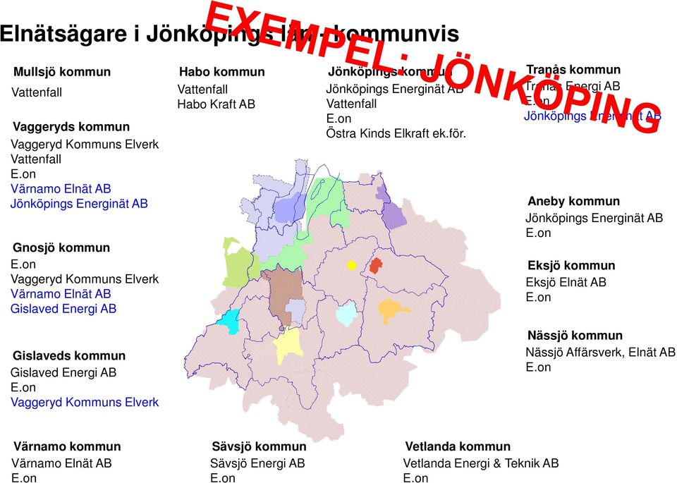 för. Tranås kommun Tranås Energi AB E.on Jönköpings Energinät AB Aneby kommun Jönköpings Energinät AB E.on Eksjö kommun Eksjö Elnät AB E.on Gislaveds kommun Gislaved Energi AB E.