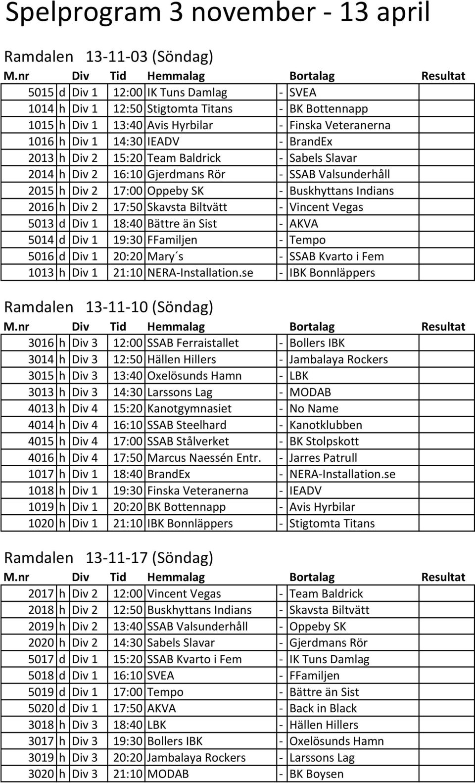 Indians 2016 h Div 2 17:50 Skavsta Biltvätt - Vincent Vegas 5013 d Div 1 18:40 Bättre än Sist - AKVA 5014 d Div 1 19:30 FFamiljen - Tempo 5016 d Div 1 20:20 Mary s - SSAB Kvarto i Fem 1013 h Div 1