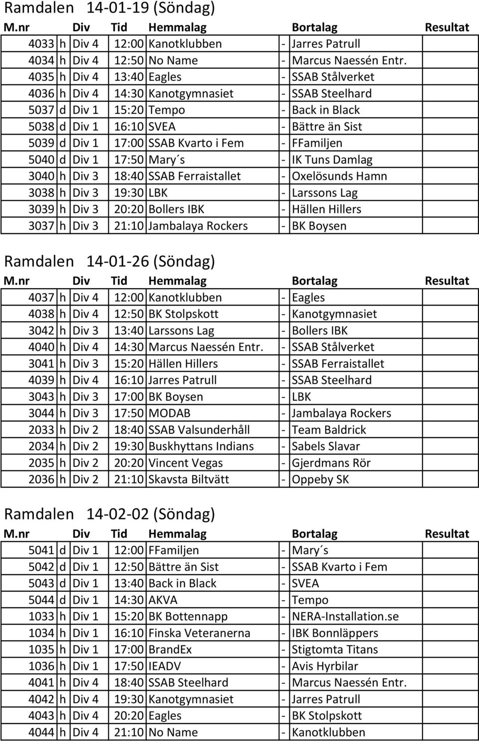 SSAB Kvarto i Fem - FFamiljen 5040 d Div 1 17:50 Mary s - IK Tuns Damlag 3040 h Div 3 18:40 SSAB Ferraistallet - Oxelösunds Hamn 3038 h Div 3 19:30 LBK - Larssons Lag 3039 h Div 3 20:20 Bollers IBK -