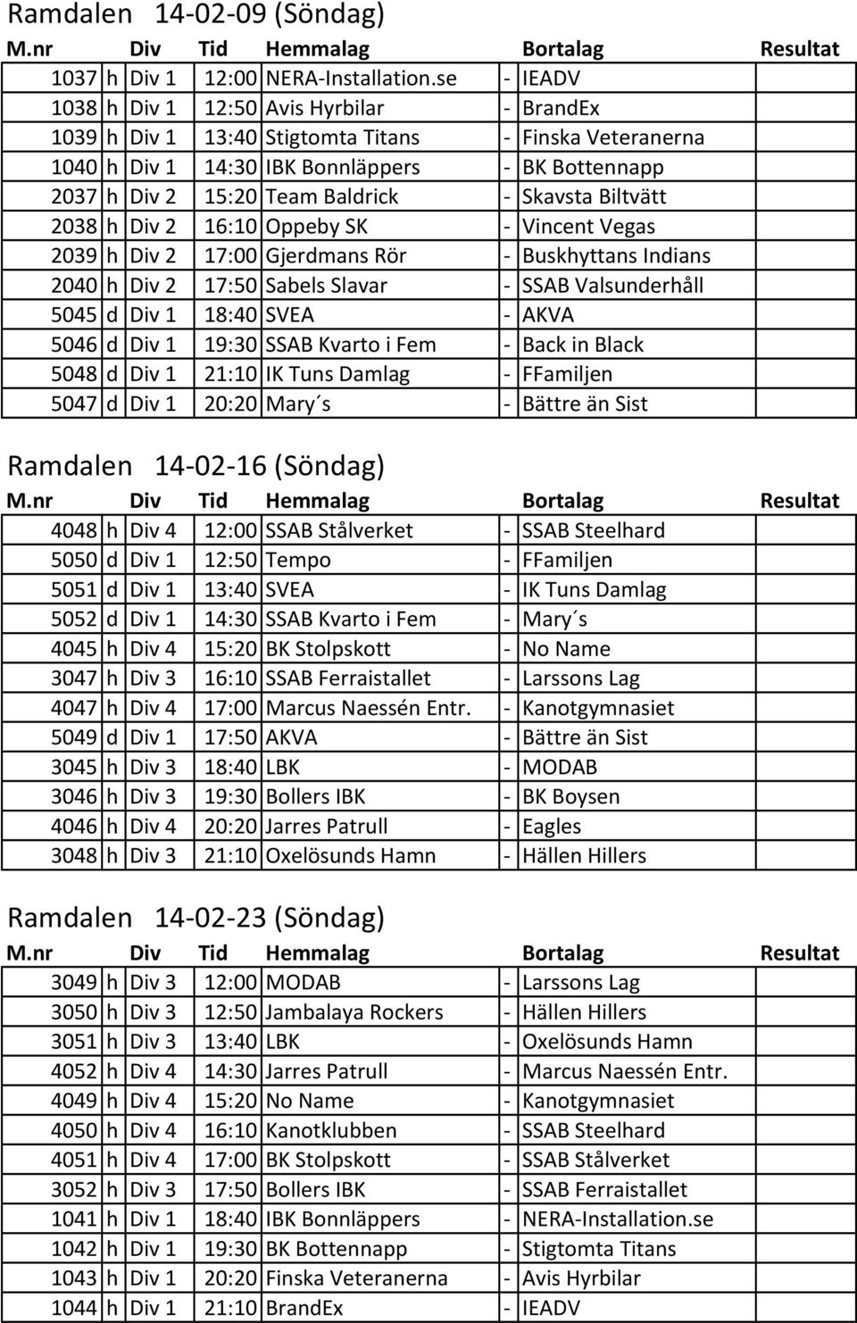 Skavsta Biltvätt 2038 h Div 2 16:10 Oppeby SK - Vincent Vegas 2039 h Div 2 17:00 Gjerdmans Rör - Buskhyttans Indians 2040 h Div 2 17:50 Sabels Slavar - SSAB Valsunderhåll 5045 d Div 1 18:40 SVEA -