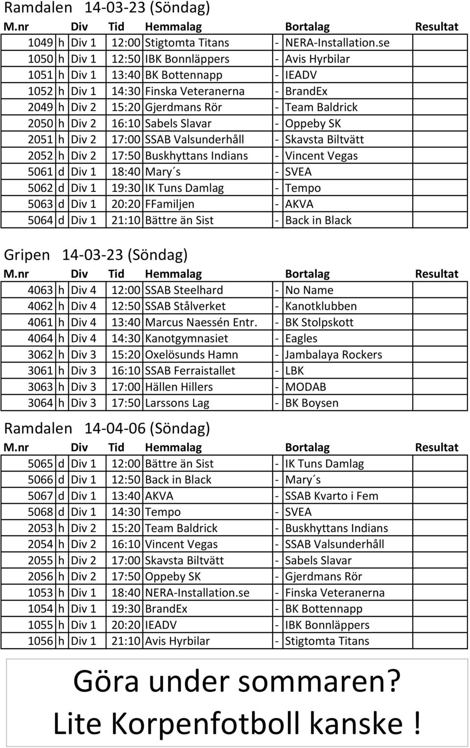 Div 2 16:10 Sabels Slavar - Oppeby SK 2051 h Div 2 17:00 SSAB Valsunderhåll - Skavsta Biltvätt 2052 h Div 2 17:50 Buskhyttans Indians - Vincent Vegas 5061 d Div 1 18:40 Mary s - SVEA 5062 d Div 1