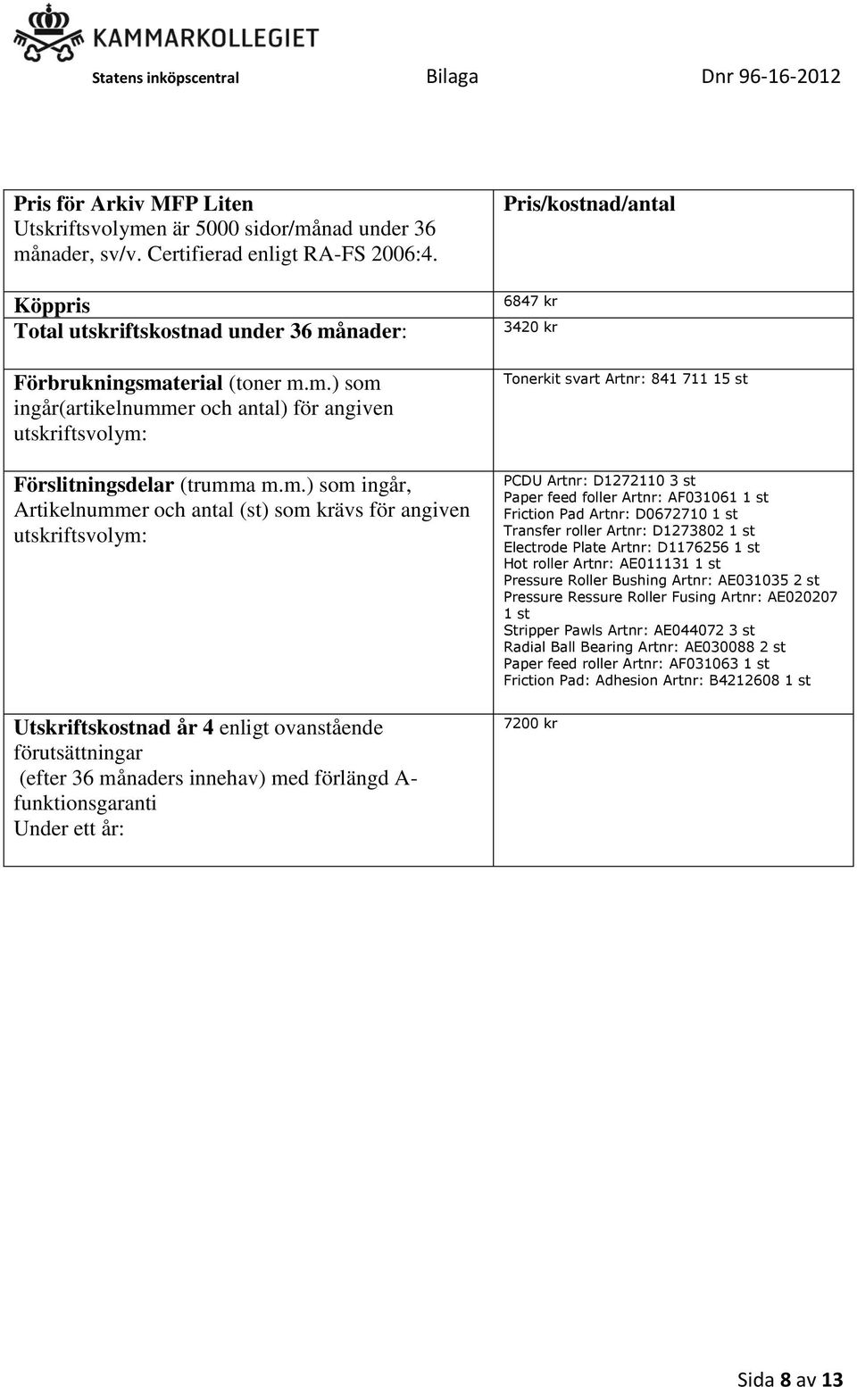 Under ett år: Pris/kostnad/antal 6847 kr 3420 kr Tonerkit svart Artnr: 841 711 15 st PCDU Artnr: D1272110 3 st Paper feed foller Artnr: AF031061 1 st Friction Pad Artnr: D0672710 1 st Transfer roller