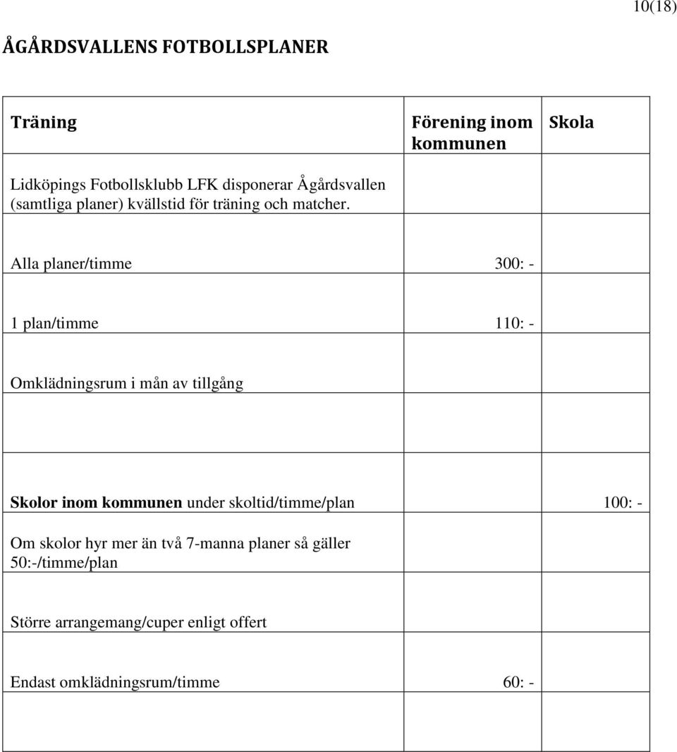 Förening inom Skola Alla planer/timme 300: - 1 plan/timme 110: - Omklädningsrum i mån av tillgång Skolor