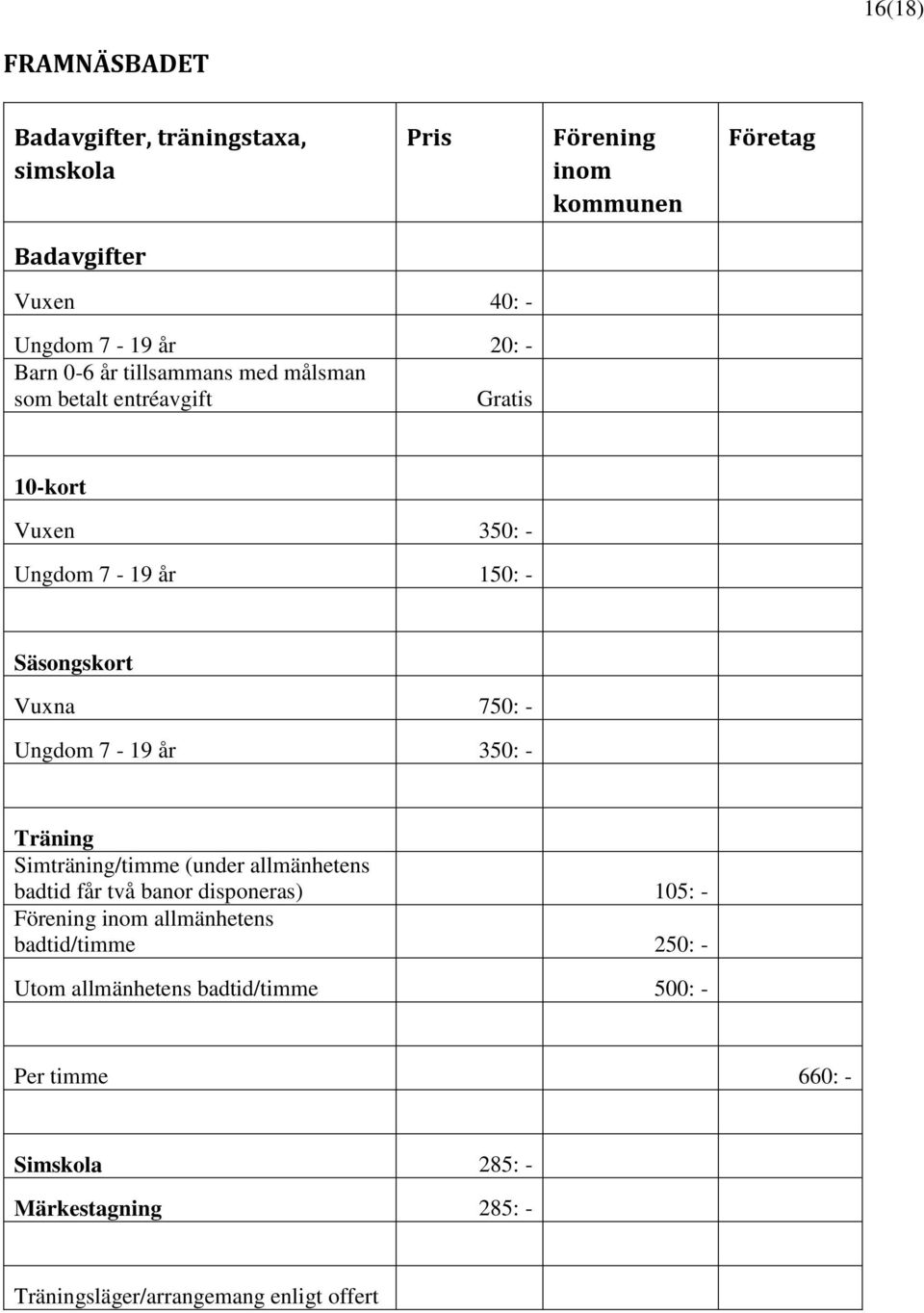 år 350: - Träning Simträning/timme (under allmänhetens badtid får två banor disponeras) 105: - Förening inom allmänhetens badtid/timme