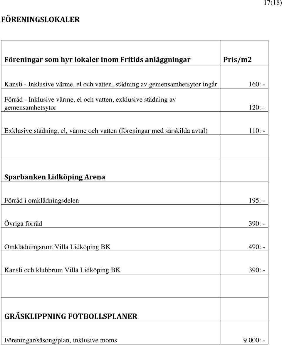 värme och vatten (föreningar med särskilda avtal) 110: - Sparbanken Lidköping Arena Förråd i omklädningsdelen 195: - Övriga förråd 390: -