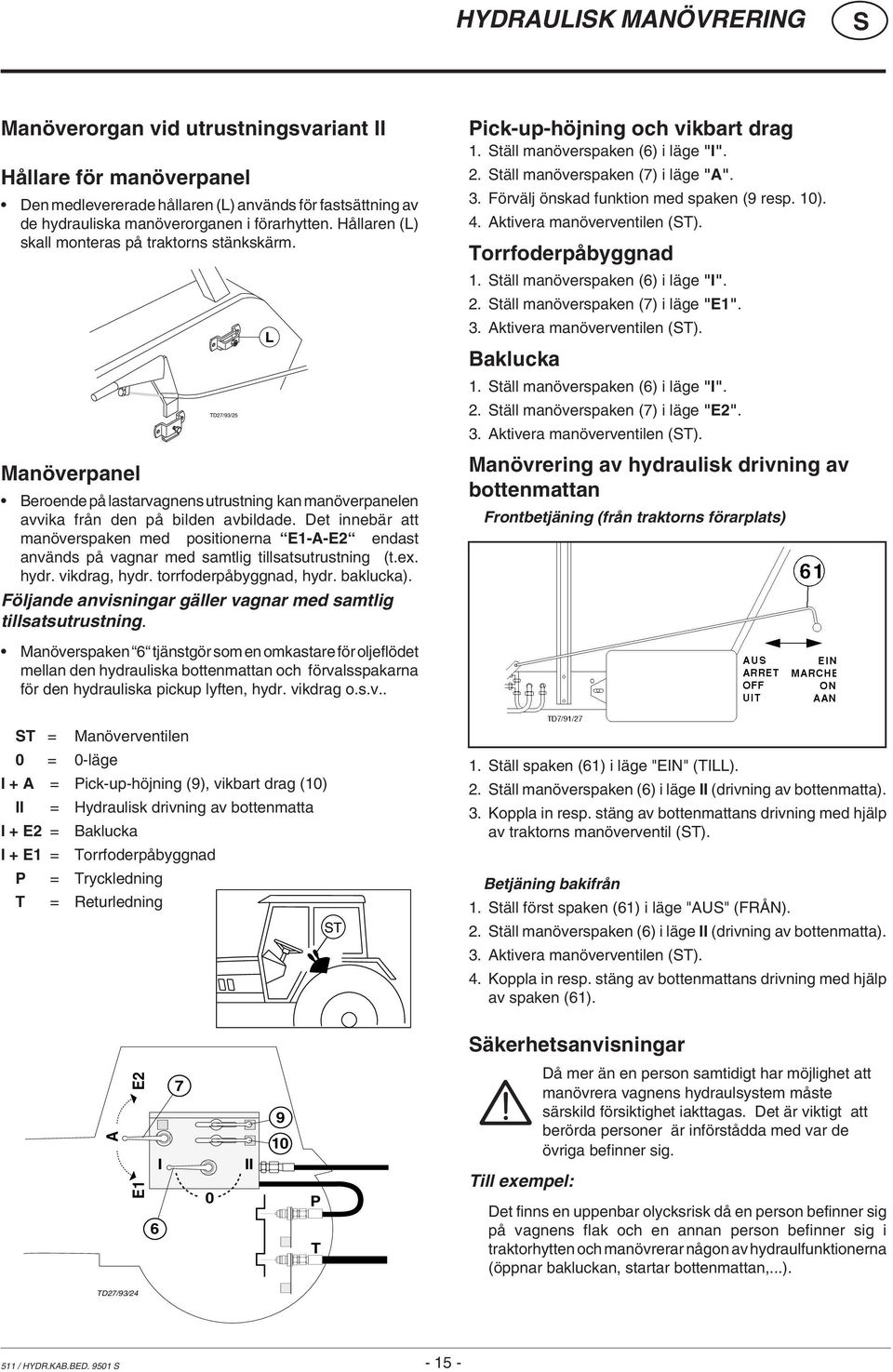 Det innebär att manöverspaken med positionerna E1-A-E2 endast används på vagnar med samtlig tillsatsutrustning (t.ex. hydr. vikdrag, hydr. torrfoderpåbyggnad, hydr. baklucka).