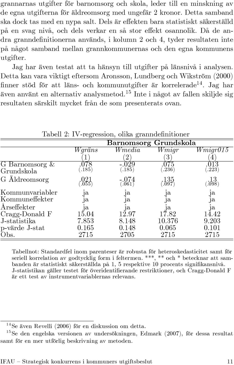 Då de andra grannde nitionerna används, i kolumn 2 och 4, tyder resultaten inte på något samband mellan grannkommunernas och den egna kommunens utgifter.