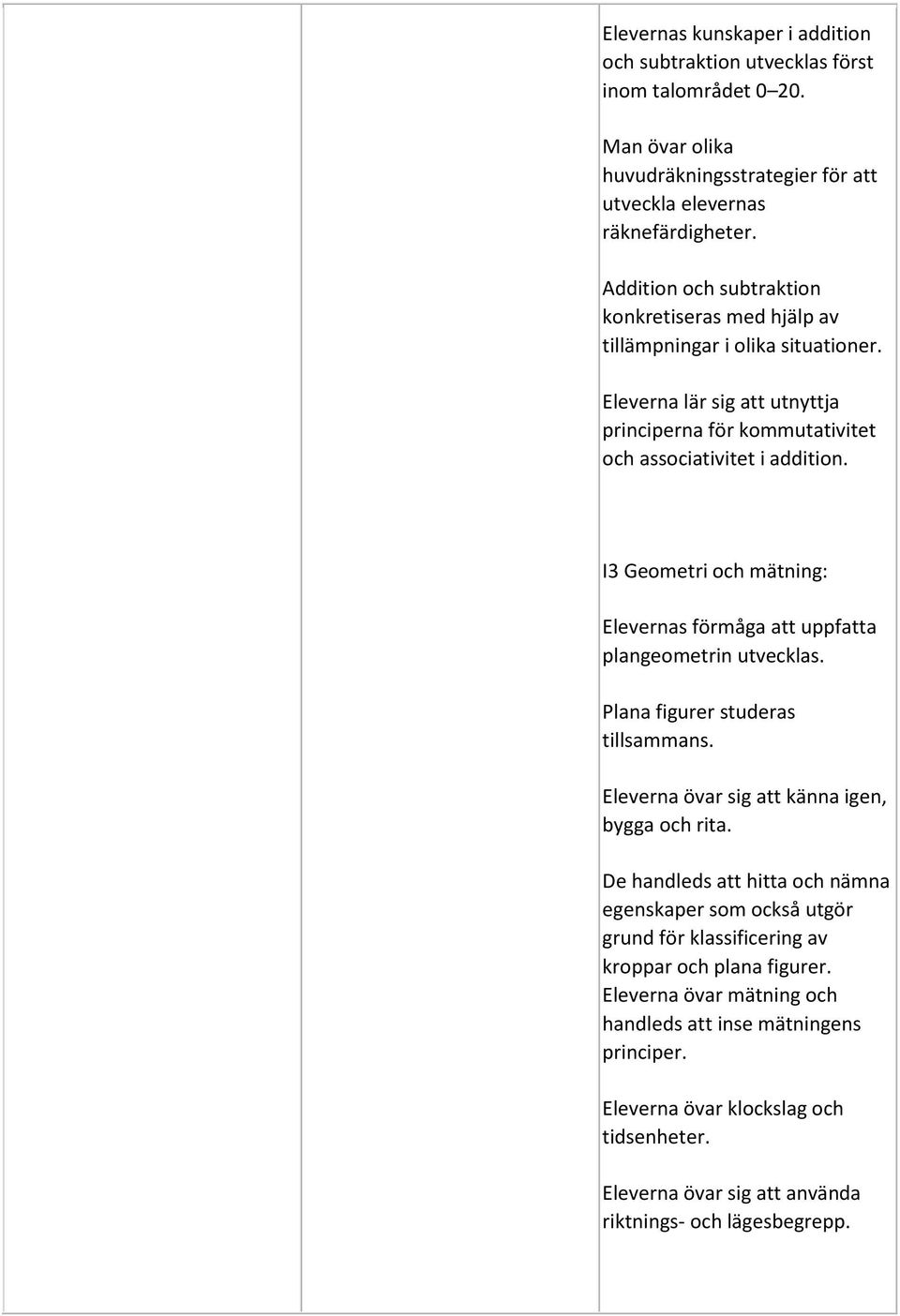 I3 Geometri och mätning: Elevernas förmåga att uppfatta plangeometrin utvecklas. Plana figurer studeras tillsammans. Eleverna övar sig att känna igen, bygga och rita.