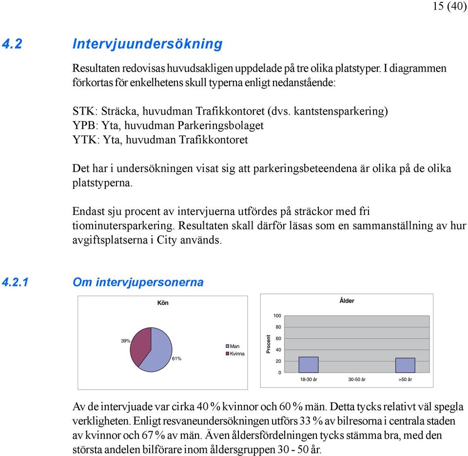 kantstensparkering) YPB: Yta, huvudman Parkeringsbolaget YTK: Yta, huvudman Trafikkontoret Det har i undersökningen visat sig att parkeringsbeteendena är olika på de olika platstyperna.