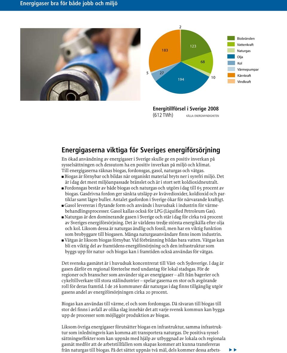 inverkan på miljö och klimat. Till energigaserna räknas biogas, fordonsgas, gasol, naturgas och vätgas. n Biogas är förnybar och bildas när organiskt material bryts ner i syrefri miljö.