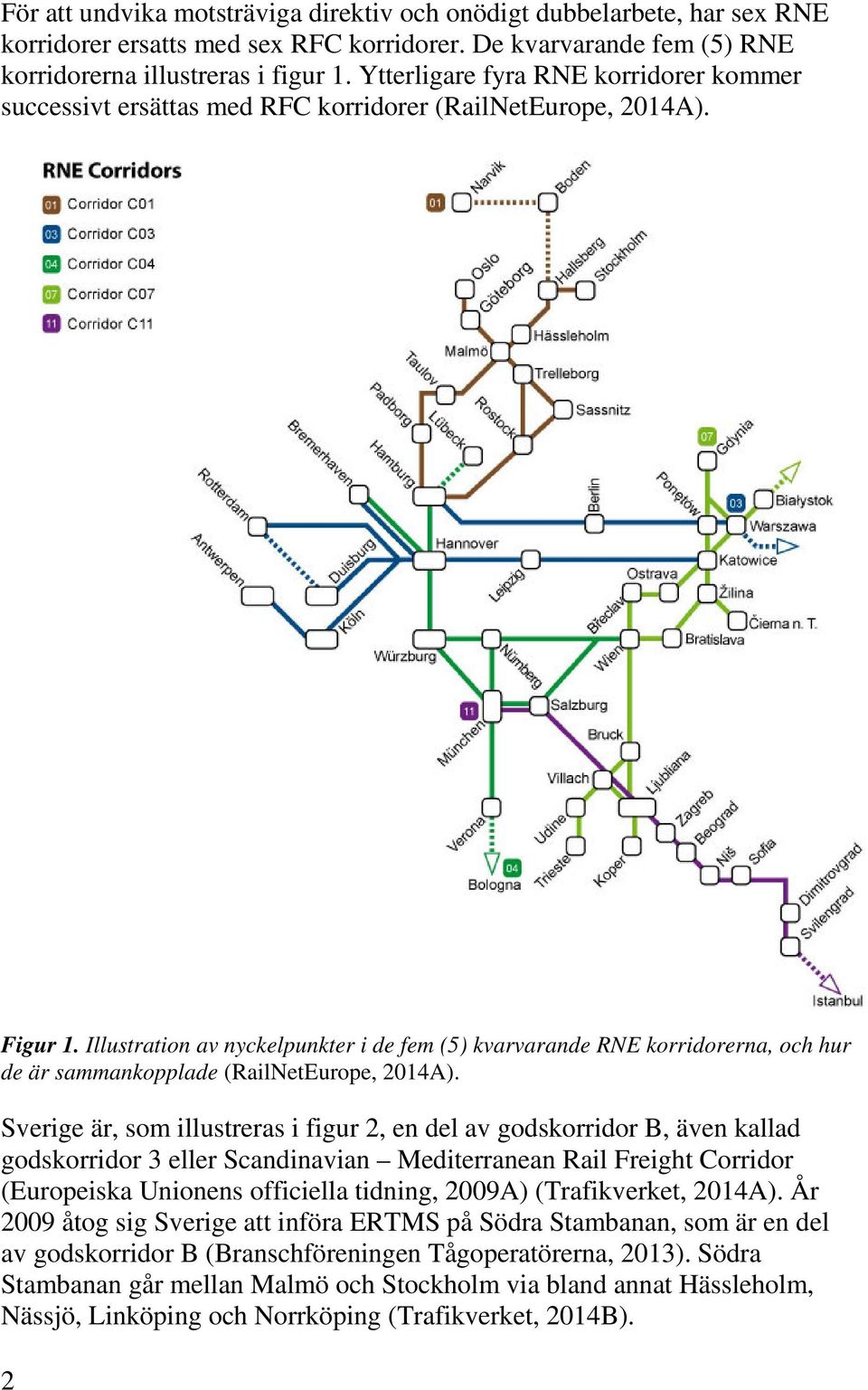 Illustration av nyckelpunkter i de fem (5) kvarvarande RNE korridorerna, och hur de är sammankopplade (RailNetEurope, 2014A).