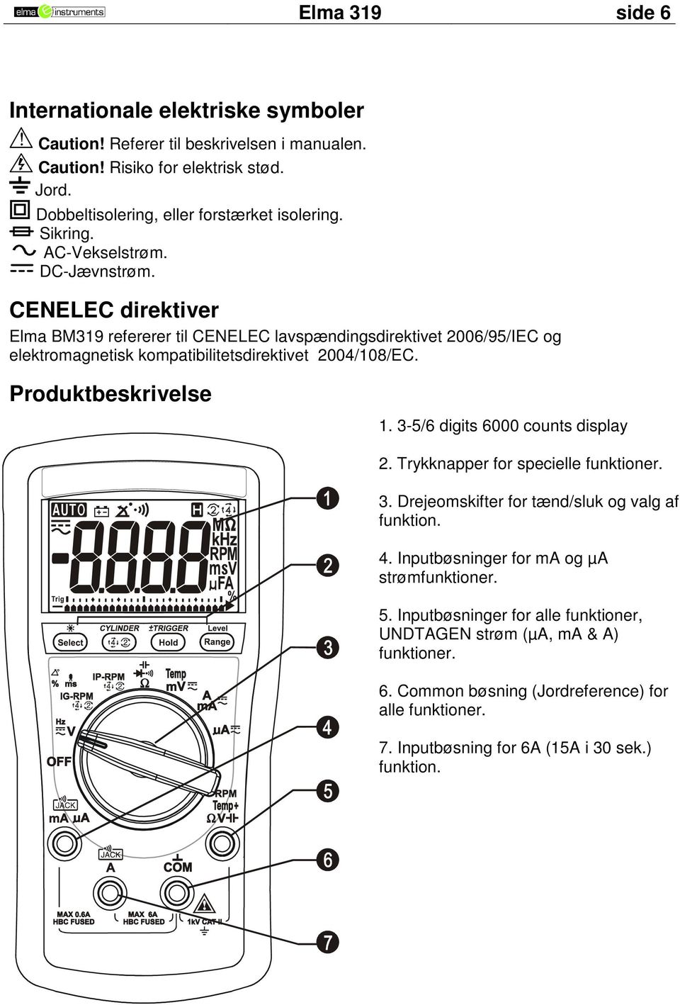 Produktbeskrivelse 1. 3-5/6 digits 6000 counts display 2. Trykknapper for specielle funktioner. 3. Drejeomskifter for tænd/sluk og valg af funktion. 4.