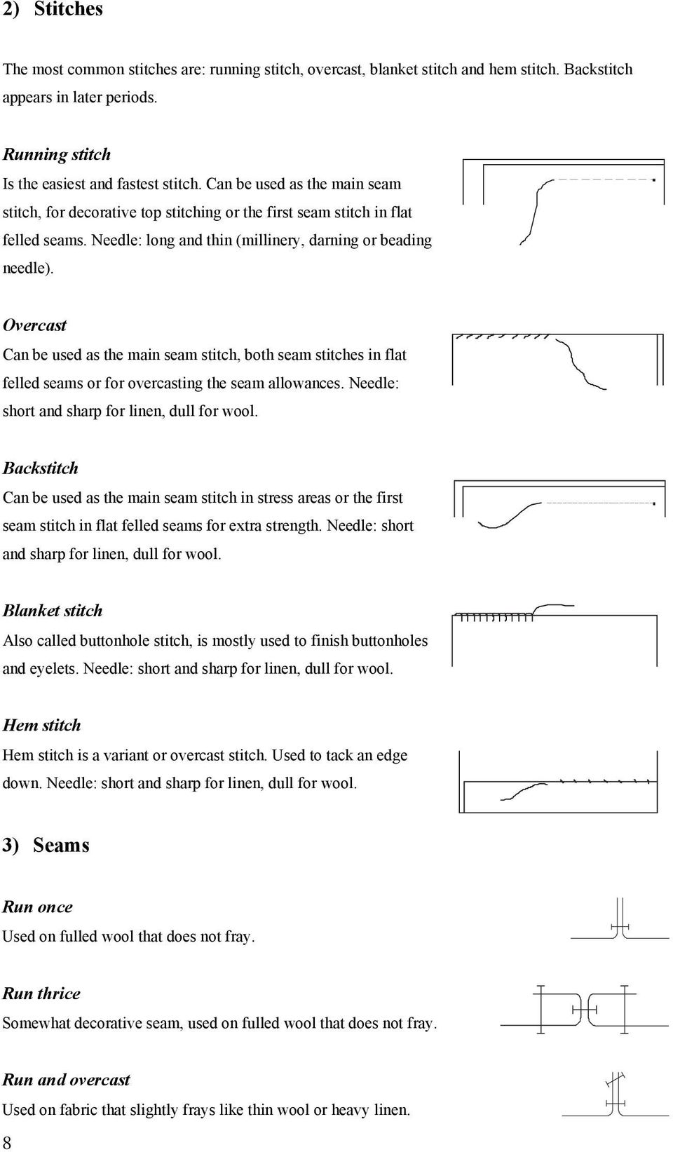 Overcast Can be used as the main seam stitch, both seam stitches in flat felled seams or for overcasting the seam allowances. Needle: short and sharp for linen, dull for wool.