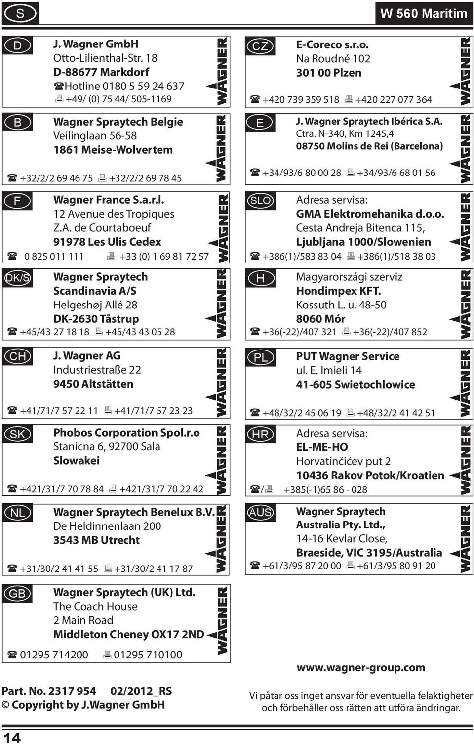 A. de Courtaboeuf 91978 Les Ulis Cedex 0 825 011 111 +33 (0) 1 69 81 72 57 DK/S Wagner Spraytech Scandinavia A/S Helgeshøj Allé 28 DK-2630 Tåstrup +45/43 27 18 18 +45/43 43 05 28 CZ E-Coreco s.r.o. Na Roudné 102 301 00 Plzen W 560 Maritim +420 739 359 518 +420 227 077 364 E J.