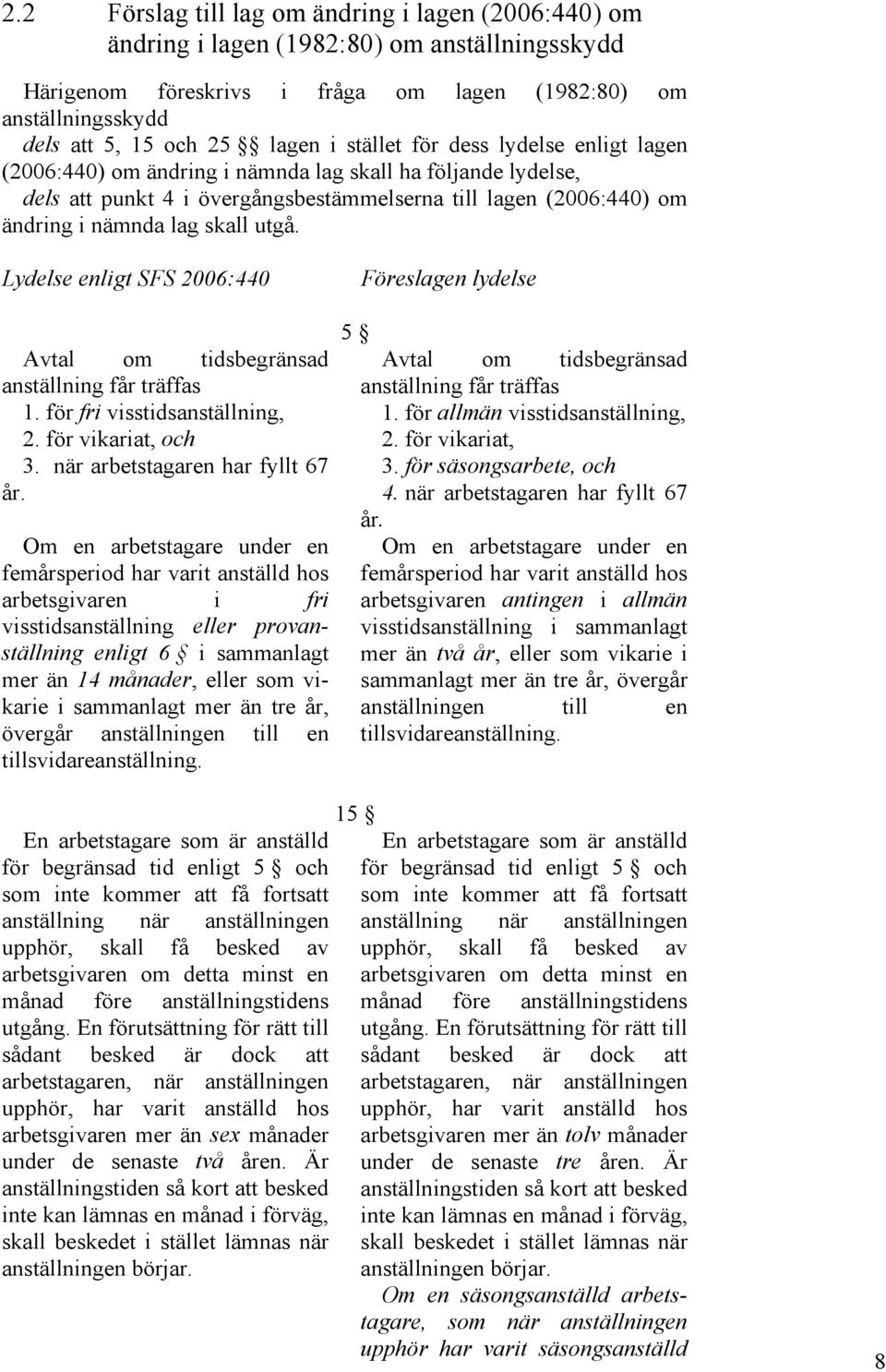 Lydelse enligt SFS 2006:440 Avtal om tidsbegränsad anställning får träffas 1. för fri visstidsanställning, 2. för vikariat, och 3. när arbetstagaren har fyllt 67 år.