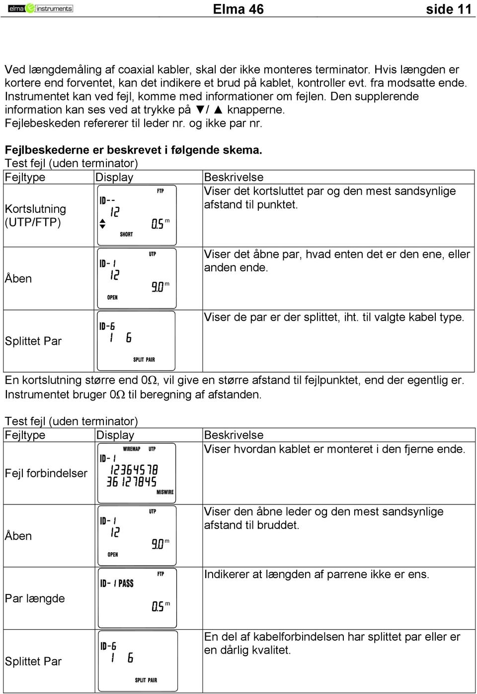 Fejlbeskederne er beskrevet i følgende skea. Test fejl (uden terinator) Fejltype Display Beskrivelse Kortslutning (UTP/FTP) Viser det kortsluttet par og den est sandsynlige afstand til punktet.