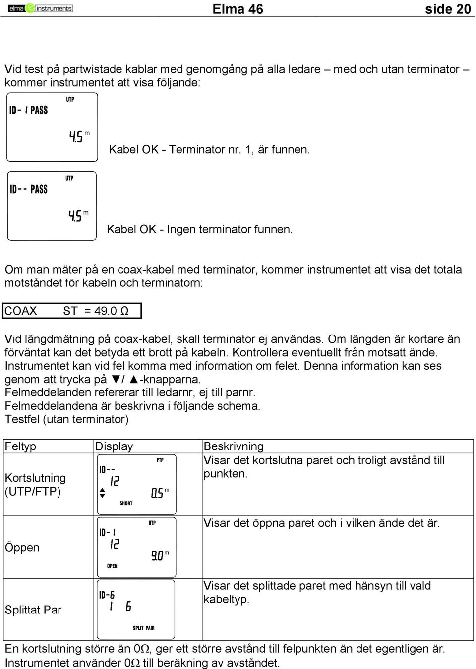 0 Ω Vid längdätning på coax-kabel, skall terinator ej användas. O längden är kortare än förväntat kan det betyda ett brott på kabeln. Kontrollera eventuellt från otsatt ände.