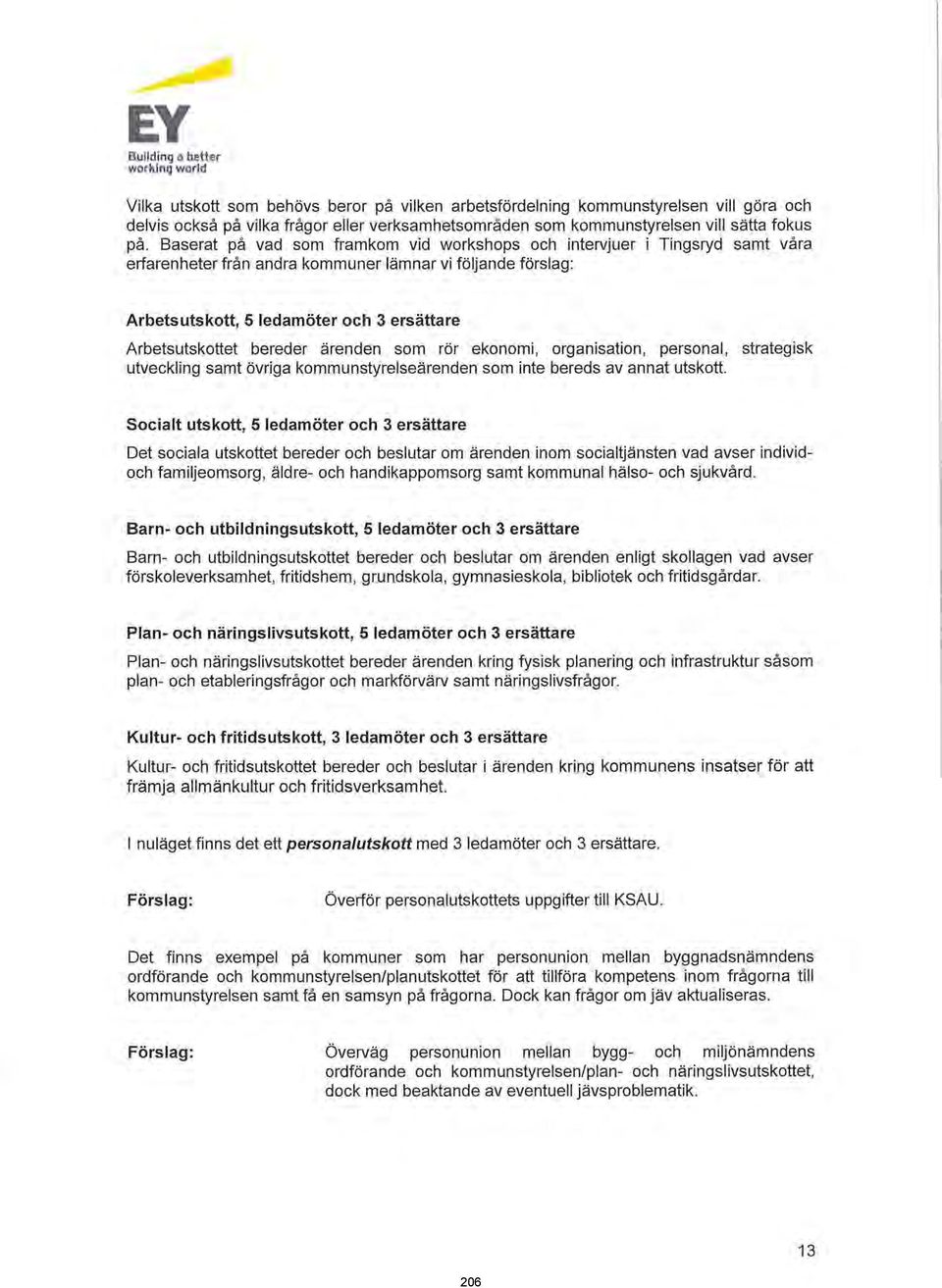 Baserat på vad som framkom vid workshops och intervjuer i Tingsryd samt våra erfarenheter från andra kommuner lämnar vi följande förslag: Arbetsutskott, 5 ledamöter och 3 ersättare Arbetsutskottet