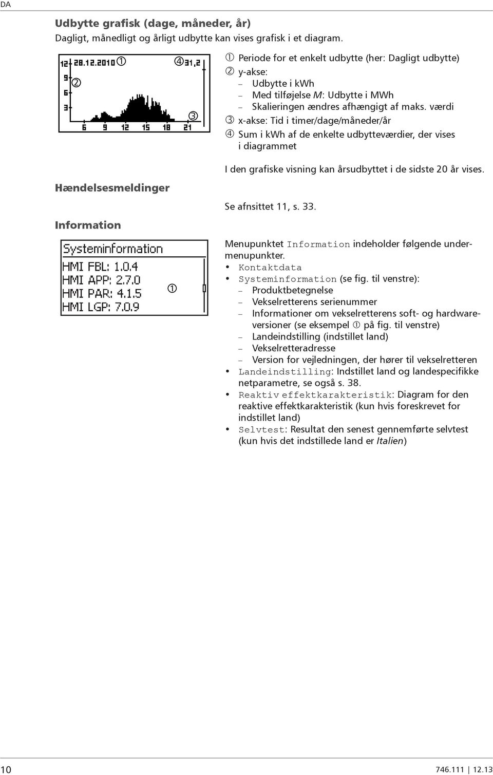 værdi 3 x-akse: Tid i timer/dage/måneder/år Sum i kwh af de enkelte udbytteværdier, der vises i diagrammet Hændelsesmeldinger Information 1 I den grafiske visning kan årsudbyttet i de sidste 0 år