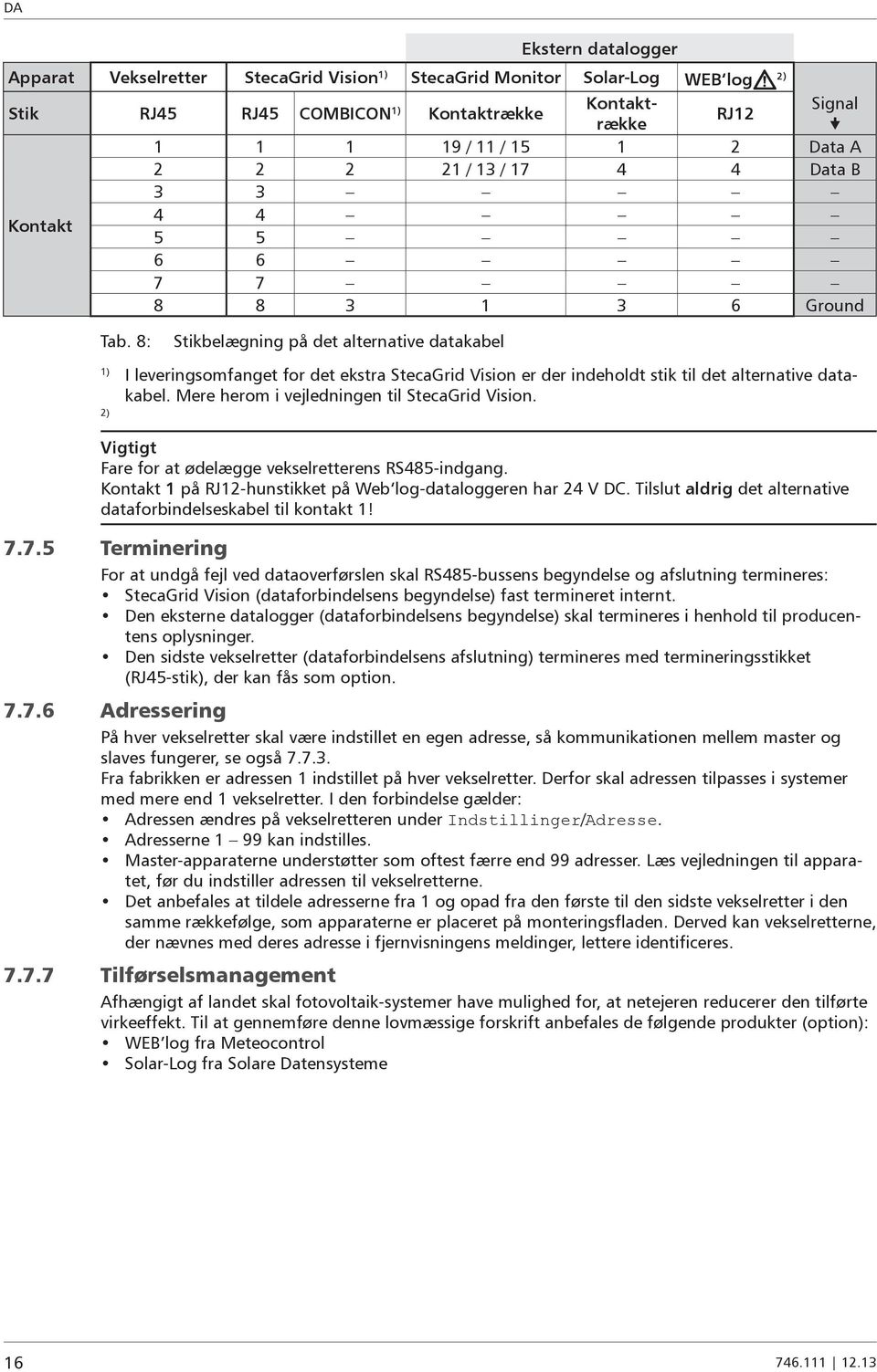 8: Stikbelægning på det alternative datakabel 1) I leveringsomfanget for det ekstra Steca Grid Vision er der indeholdt stik til det alternative datakabel.