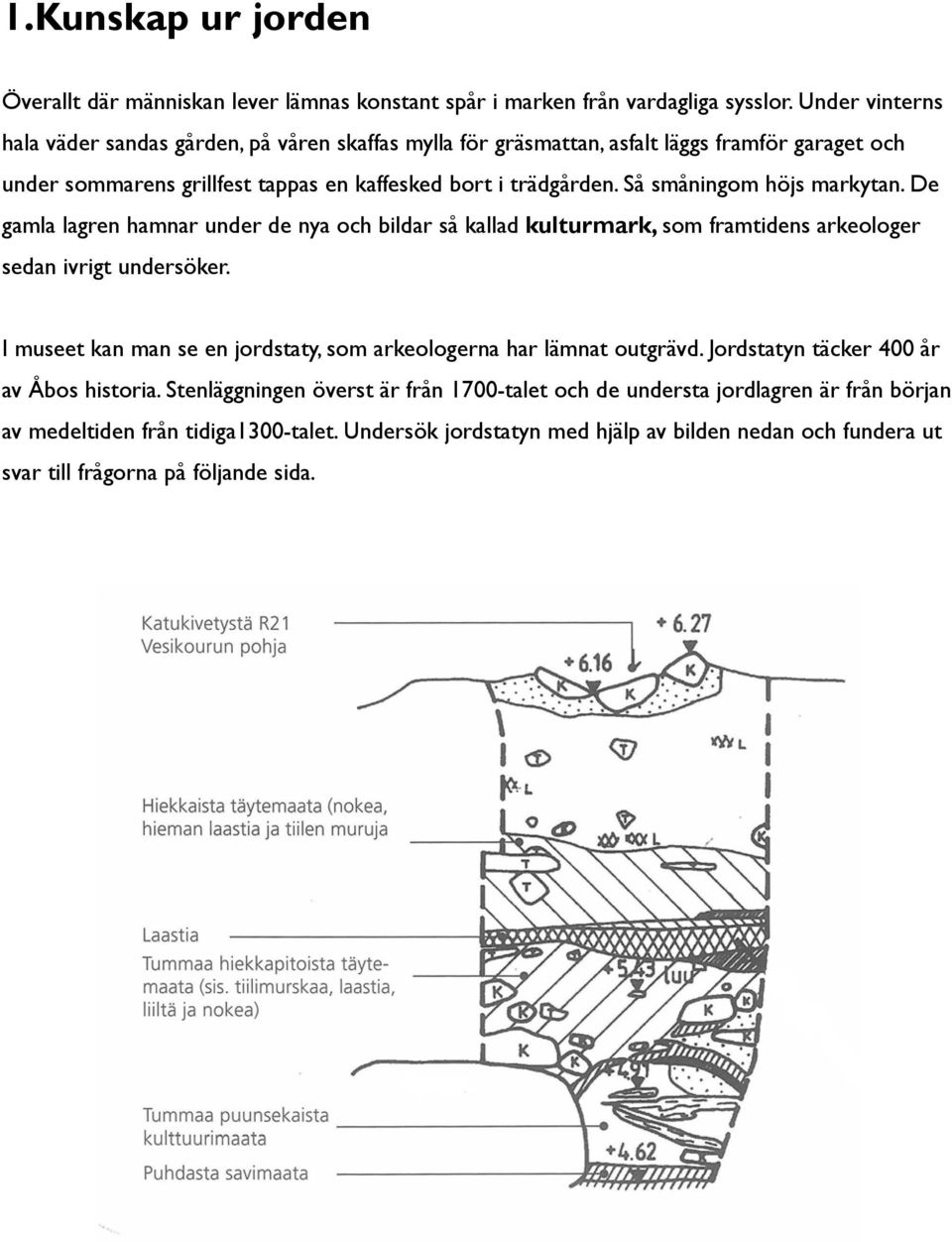 Så småningom höjs markytan. De gamla lagren hamnar under de nya och bildar så kallad kulturmark, som framtidens arkeologer sedan ivrigt undersöker.