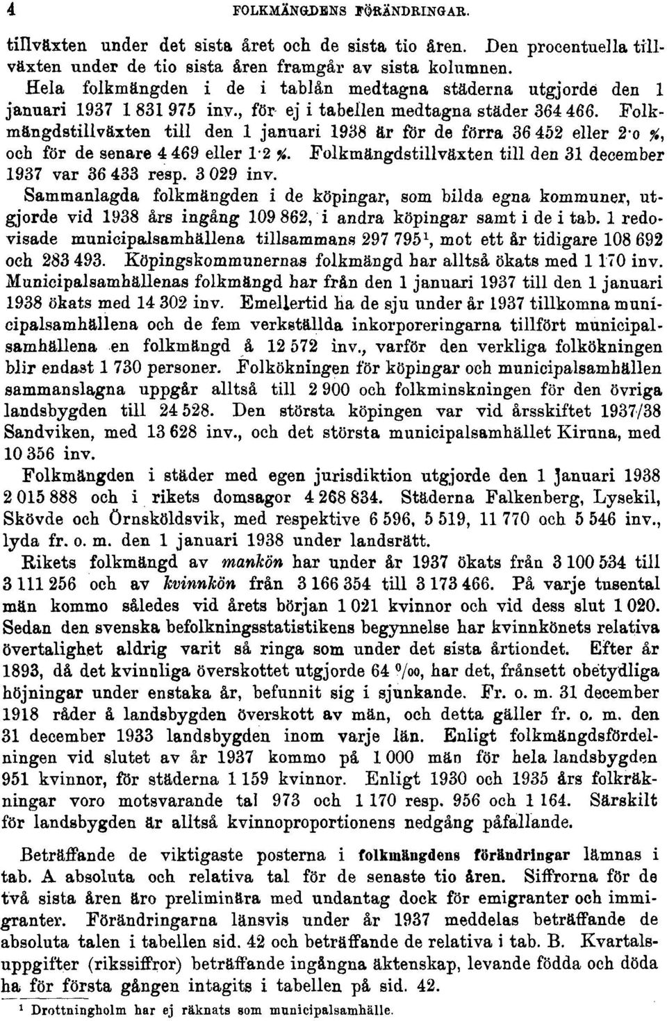 Folkmängdstillväxten till den 1 januari 1938 är för de förra 36 452 eller 2o %, och för de senare 4 469 eller 1-2 %. Folkmängdstillväxten till den 31 december 1937 var 36 433 resp. 3 029 inv.