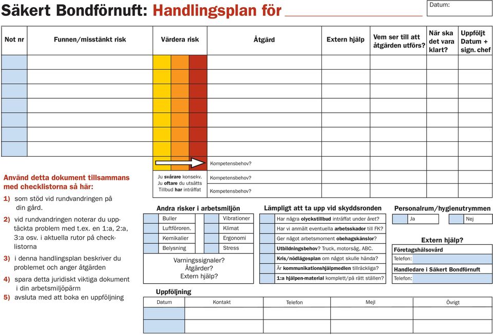 i aktuella rutor på checklistorna 3) i denna handlingsplan beskriver du problemet och anger åtgärden 4) spara detta juridiskt viktiga dokument i din arbetsmiljöpärm 5) avsluta med att boka en