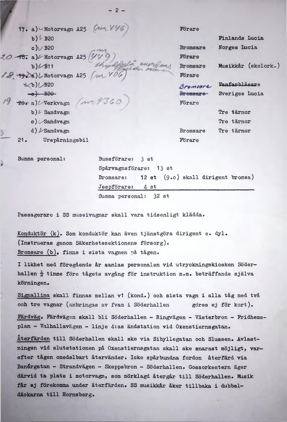 Urspårningsbil Finlands Lucia Norges Lucia Musiklcär (skolork- ) Fanfar b läsar e Sveriges Lucia Tre tärnor Tre tärnor Tre tärnor Summa personal: Bussförare: 3 st Spårvagnsförare: 13 st : 12 st.