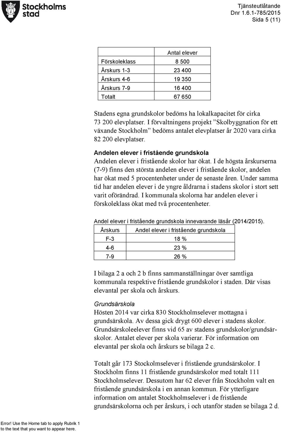 Andelen elever i fristående grundskola Andelen elever i fristående skolor har ökat.