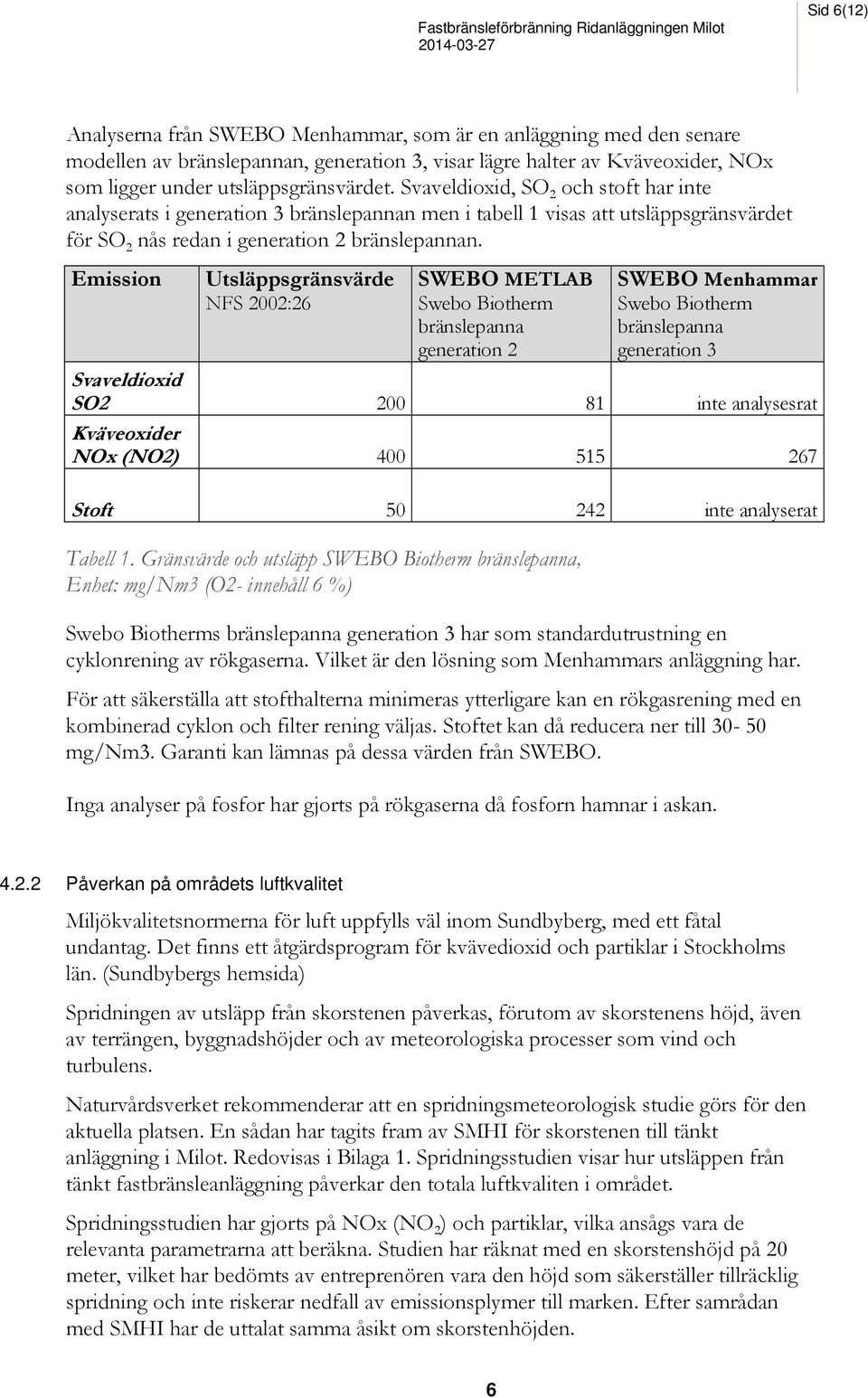 Svaveldioxid, SO 2 och stoft har inte analyserats i generation 3 bränslepannan men i tabell 1 visas att utsläppsgränsvärdet för SO 2 nås redan i generation 2 bränslepannan.