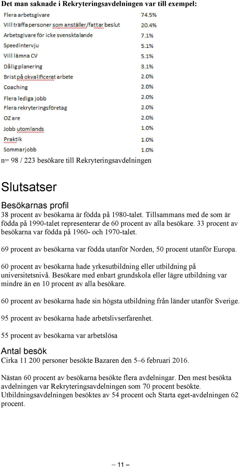 69 procent av besökarna var födda utanför Norden, 50 procent utanför Europa. 60 procent av besökarna hade yrkesutbildning eller utbildning på universitetsnivå.